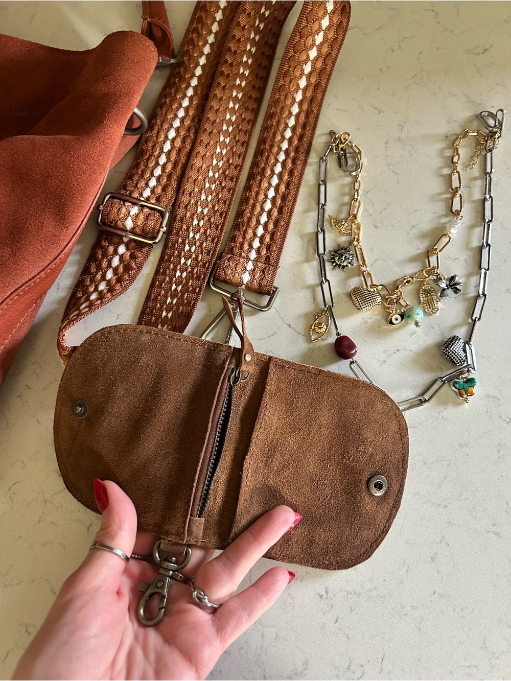 Free People Suzie Suede Slouchy Tote Bag in Between Brown with Wallet/Charm - Picture 16 of 16